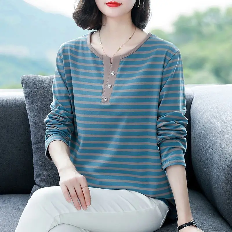 Women Korean Fashion Striped Print Patchwork Long Sleeve T-shirt 2024 Autumn Casual V Neck Loose Comfortable Basic Tops Female