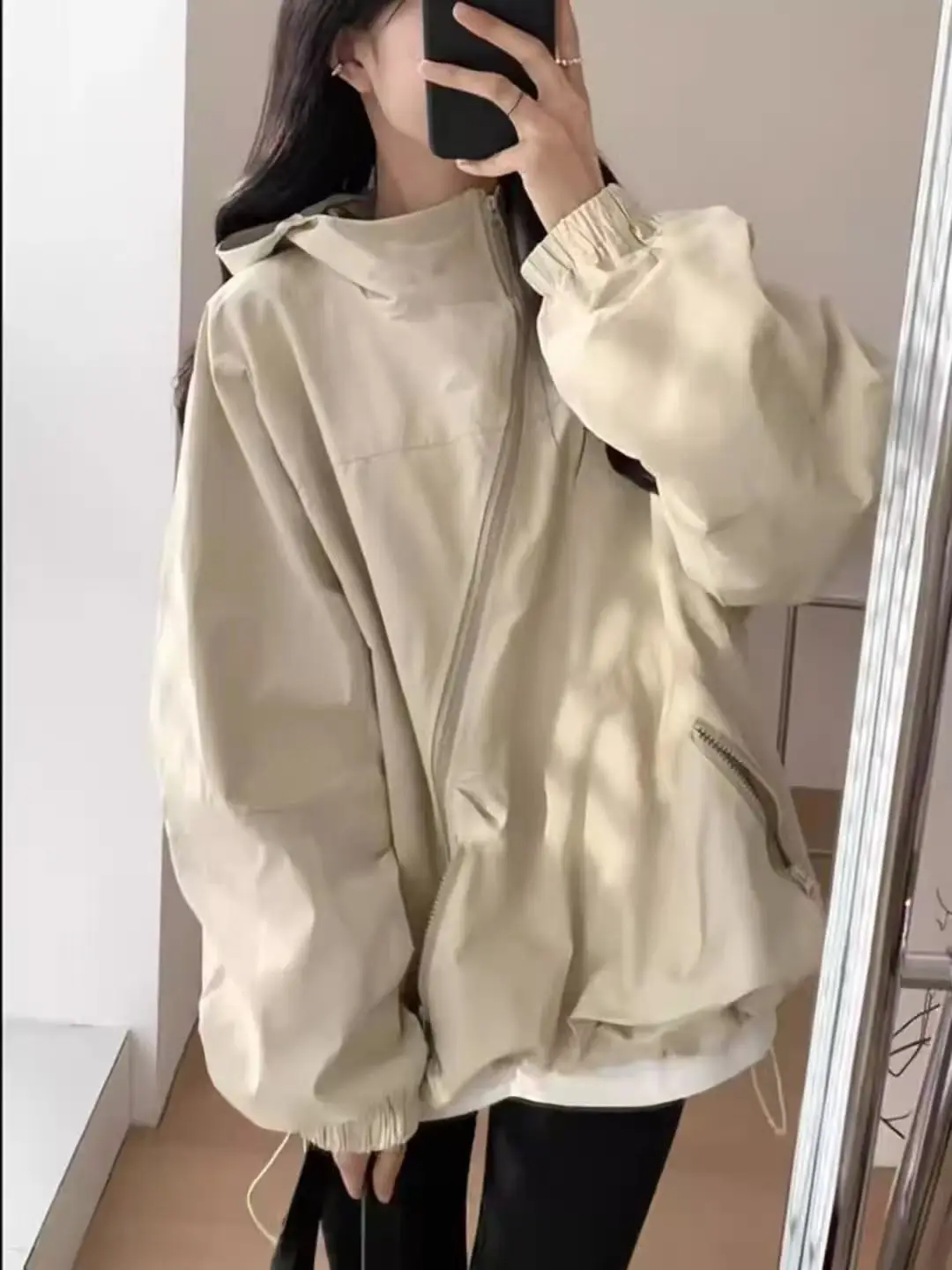 Women Oversized Hooded Windbreaker Jacket Autumn Full Zip Loose Long Sleeve Elastic Cuff Casual Outdoor Windproof Coat Streetwea
