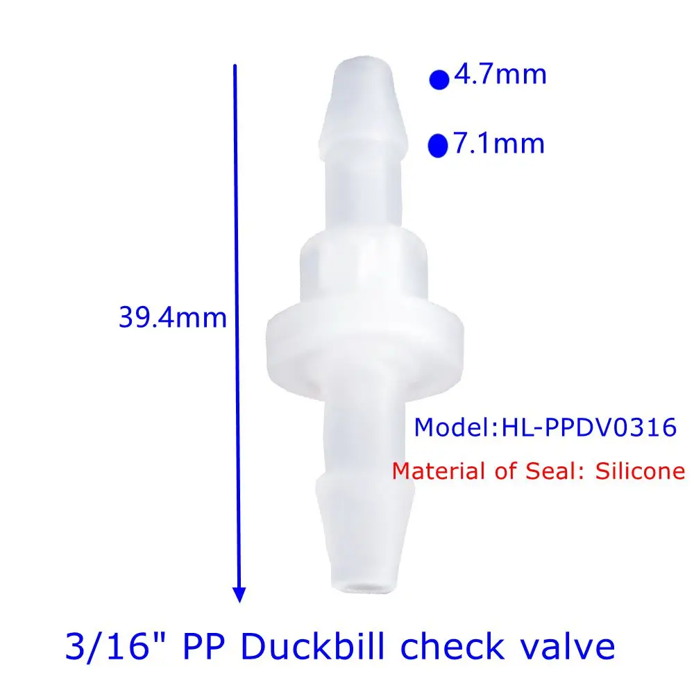 XINOZONE-Duckbill Válvula PP, não Retornar diafragma Conector, 3.2mm, Válvula PVDF, 1/8 ", 3/16"