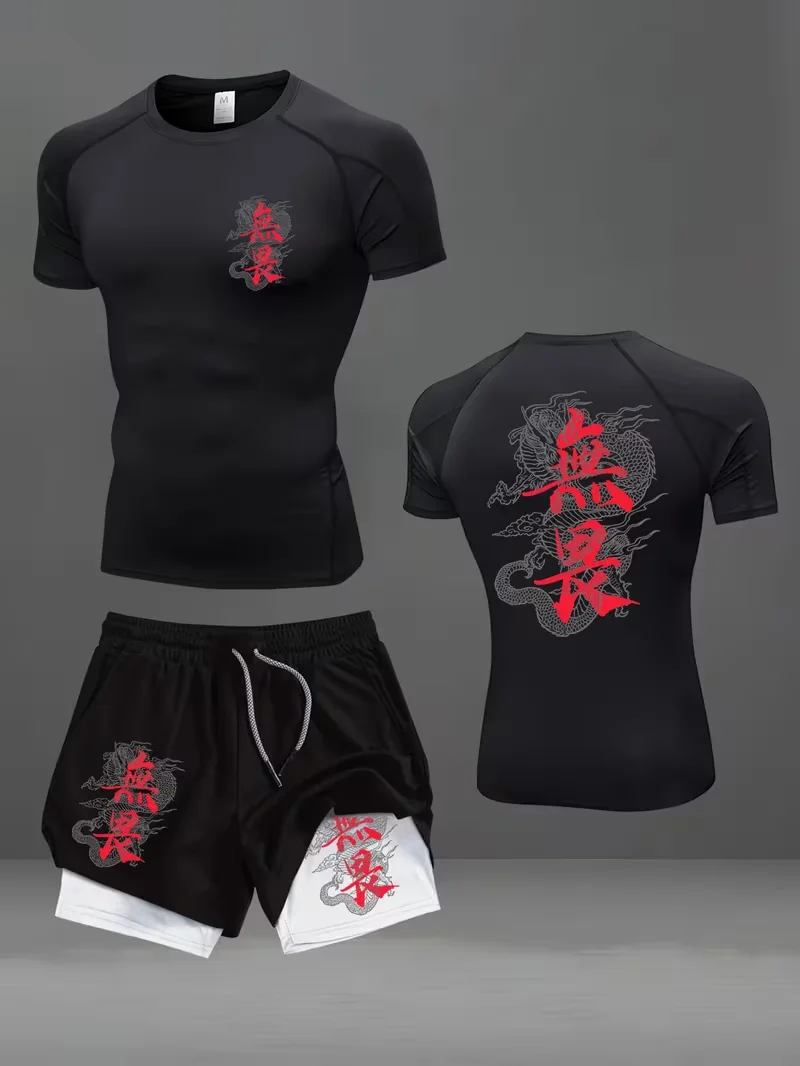New men's slim fit suit quick drying round neck quick drying sports T-shirt+double-layer pants gym running hiking football sport view 4