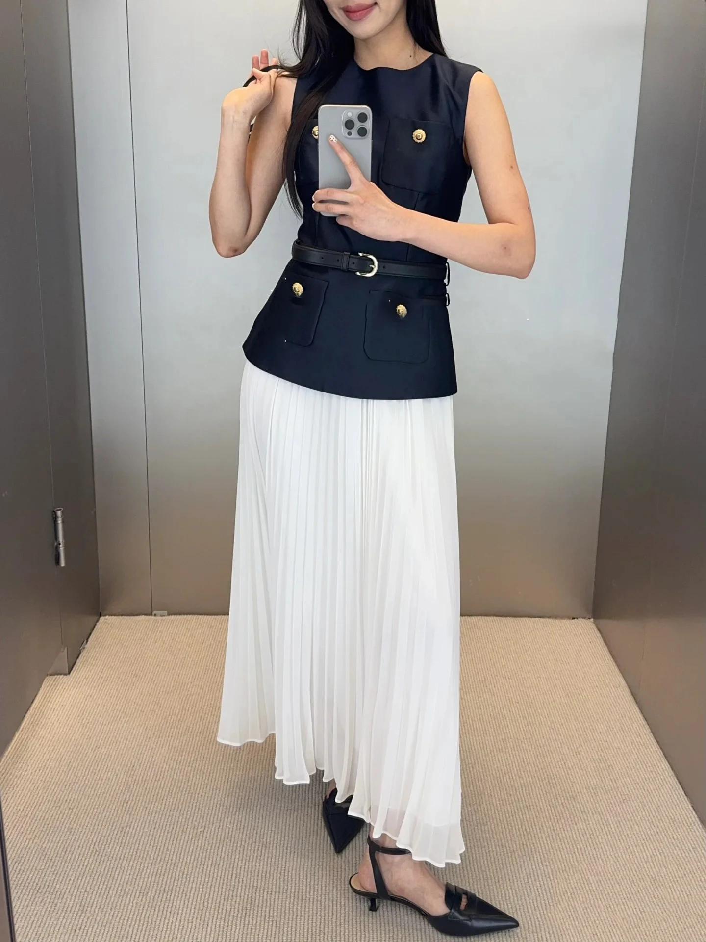 

Fake two-piece long women's dress temperament elegant belt Slim chiffon splicing women's dress 2025 Summer New