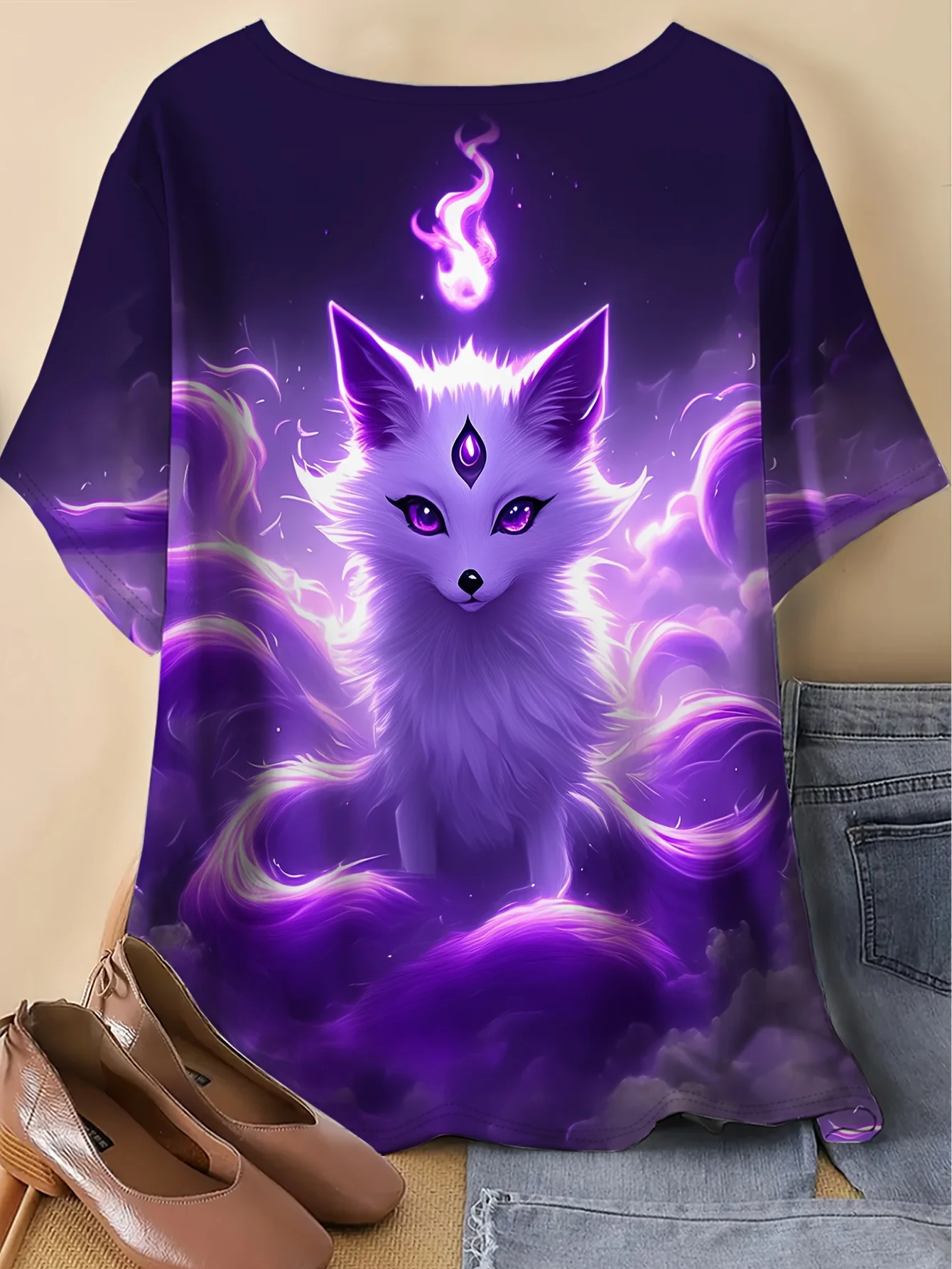 Women Round Neck Short Sleeve Top Purple Gradient Magic Nine‑Tailed Fox Fantasy Cloud Art Print Loose Casual Summer Blouse