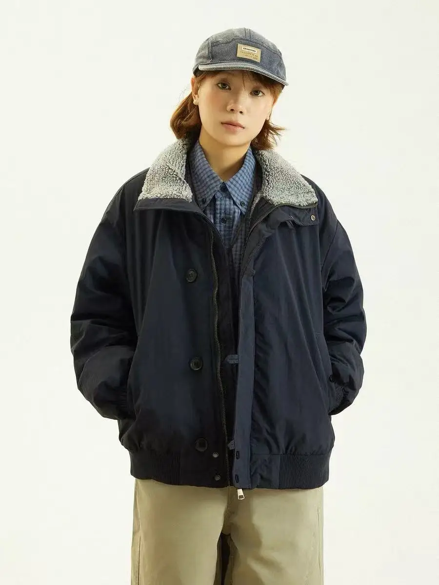 

Мужская зимняя теплая повседневная рабочая куртка в стиле ретро с воротником из овечьего меха, на молнии, из хлопка, трендовая