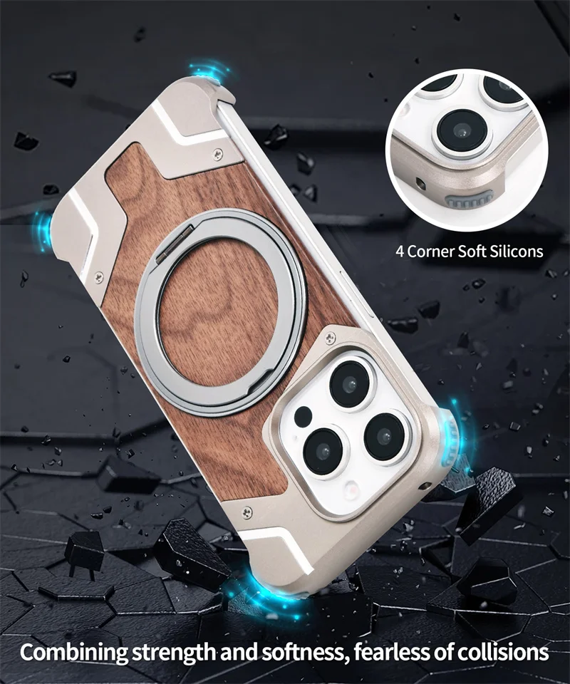 Walnut Wood Metal Borderless Armor Phone Case For iPhone 13 14 15 16 Pro Max Plus 360 Rotating Magnetic Bracket Shockproof Cover