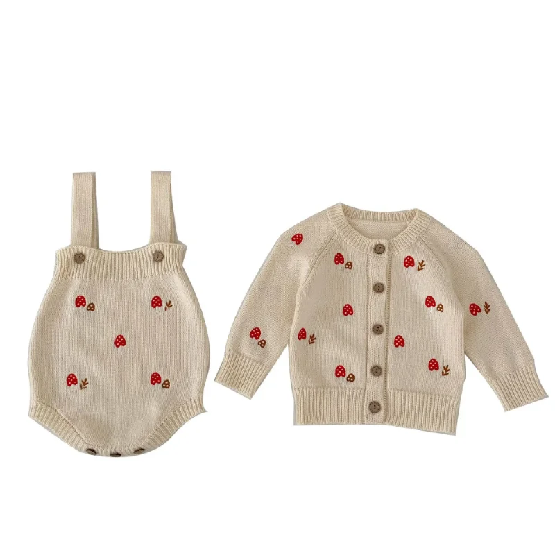 2024 Spring Autumn Kids Baby Girls Mushroom Embroidered Sweater Coat Sleeveless Rompers Overall Newborn Toddler Clothes 0-3Y