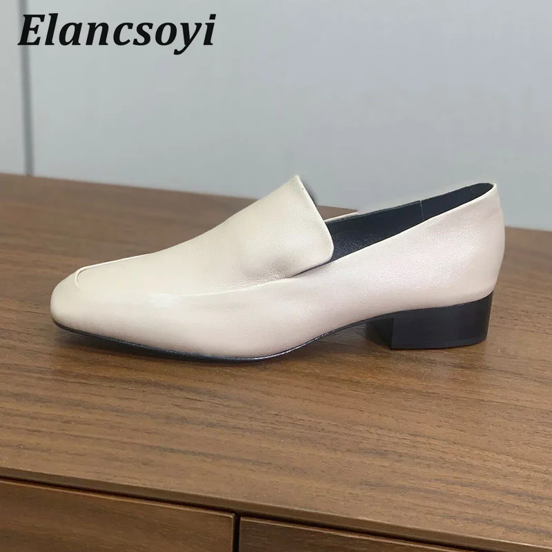 Flat Shoes Women's Genuine Leather Square Toe Chunky Heel Lazy Loafers Versatile Single Shoes Summer British Style Walking Shoes