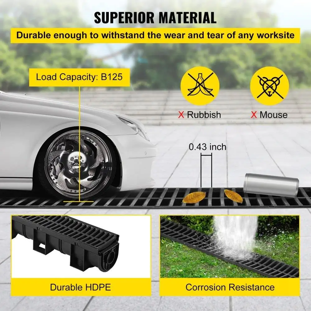 Система растяжения 5,8x5,2x39,4 дюйма Канальный слив HDPE с пластиковой решеткой Черный Слив для пола в гараже 3 шт. в упаковке с 3 торцевыми крышками для
