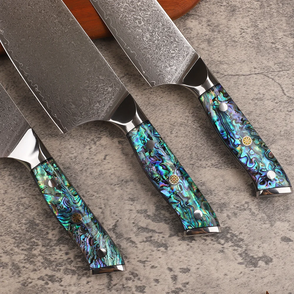 Imagem -06 - Facas de Cozinha Aço Damasco com Abalone Shell Handle Faca Cutelo Cortando Nakiri Kiritsuke Messer 10cr15mov Cozinhar Ferramentas