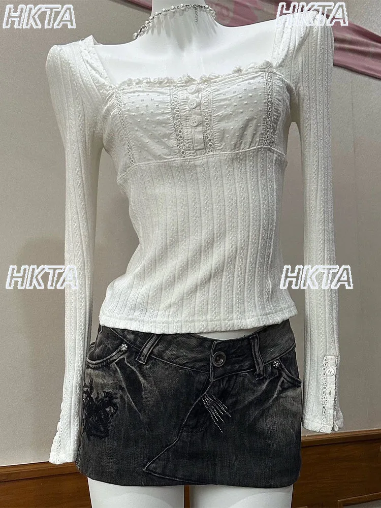 

Sweet Casual Versatile Lace Square Neck Long Sleeve Slim Sexy White Tshirt Tops 2025 Autumn Winter New Knitted Pullover Women