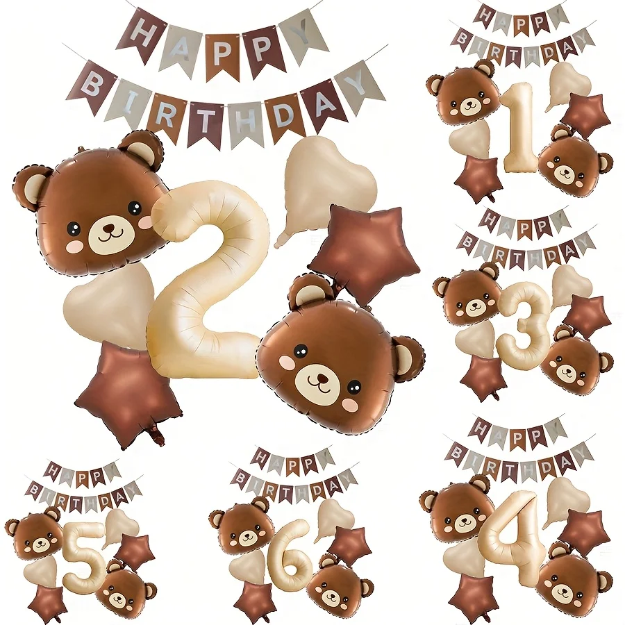 8pcs/set Brown Bear Balloon Set 32Inch Caramel Number 1-9 Aluminum Foil Balloon Birthday Party Decoration Baby Shower Supplies