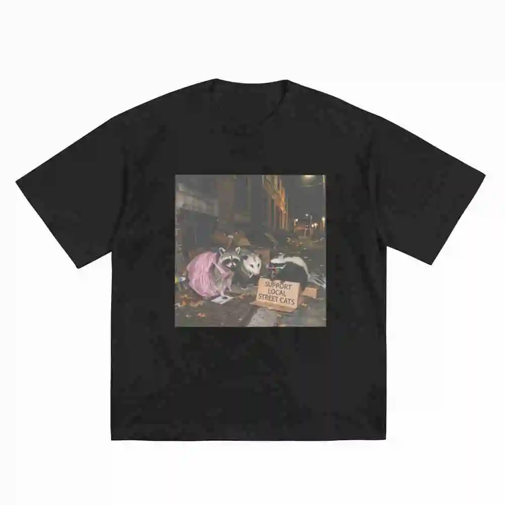Ironic Support Local Street Cats Raccoon And Skunk Urban Alley Animal Short Sleeve Tee 100% Cotton T-Shirt