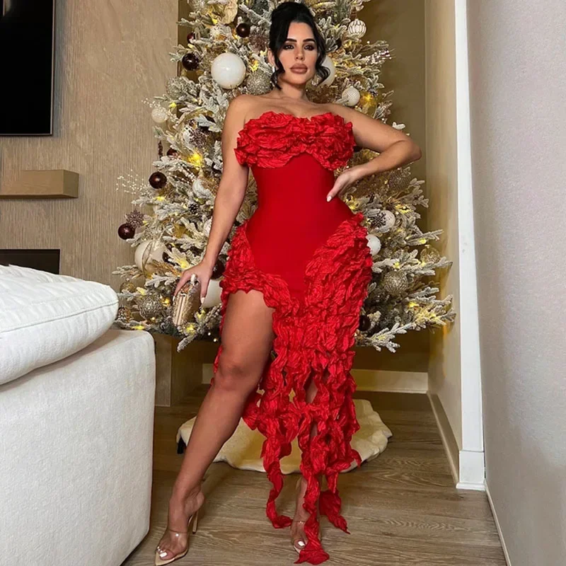 Elegant Ruffles Tassel Birthday Dress for Women Club Night Party Celebrity Irregular Strapless Sleeveless Evening Long Dresses