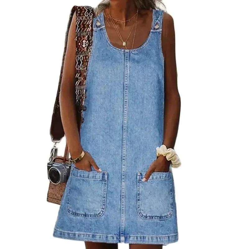 

Women Button Patchwork Shoulder Strap Denim Dresses Hem Double Pockets Sleeveless Dress Female Crisp Summer Commuter Casual Gown