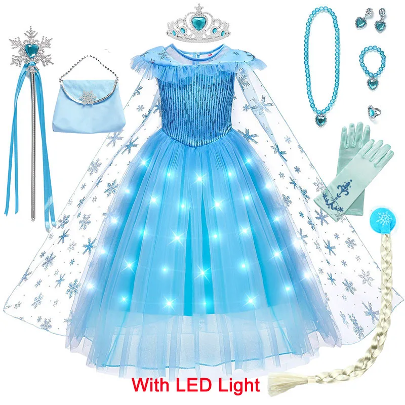 2-10 Y Girls Snow Queen Elsa Costumes for Girls With LED Light Carnival Party Prom Gown Cosplay Princess Dress Children Clothing