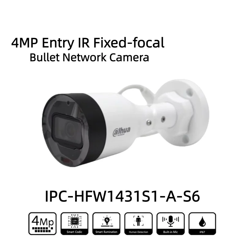 

DH Original DH-IPC-HFW1431S1-A-S6 4MP Entry IR Fixed-focal Bullet Network Camera PoE Supports Human Detection Built In Mic