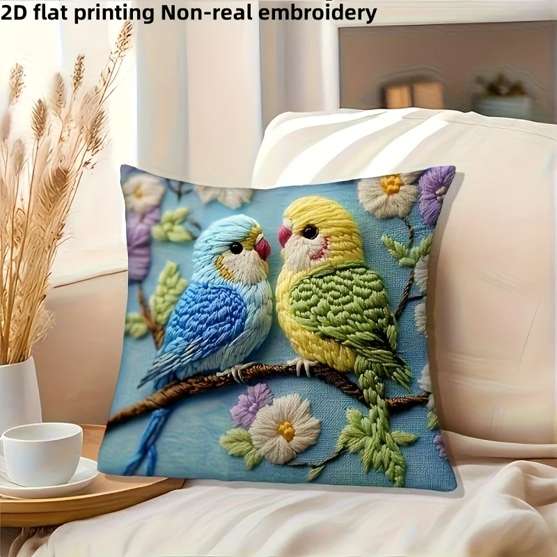 2D flat- 3D Embroidery Style Lovebirds Throw Pillow Cover Cute Floral Couple Parakeet Cushion Case for Home Bedroom Sofa Decor