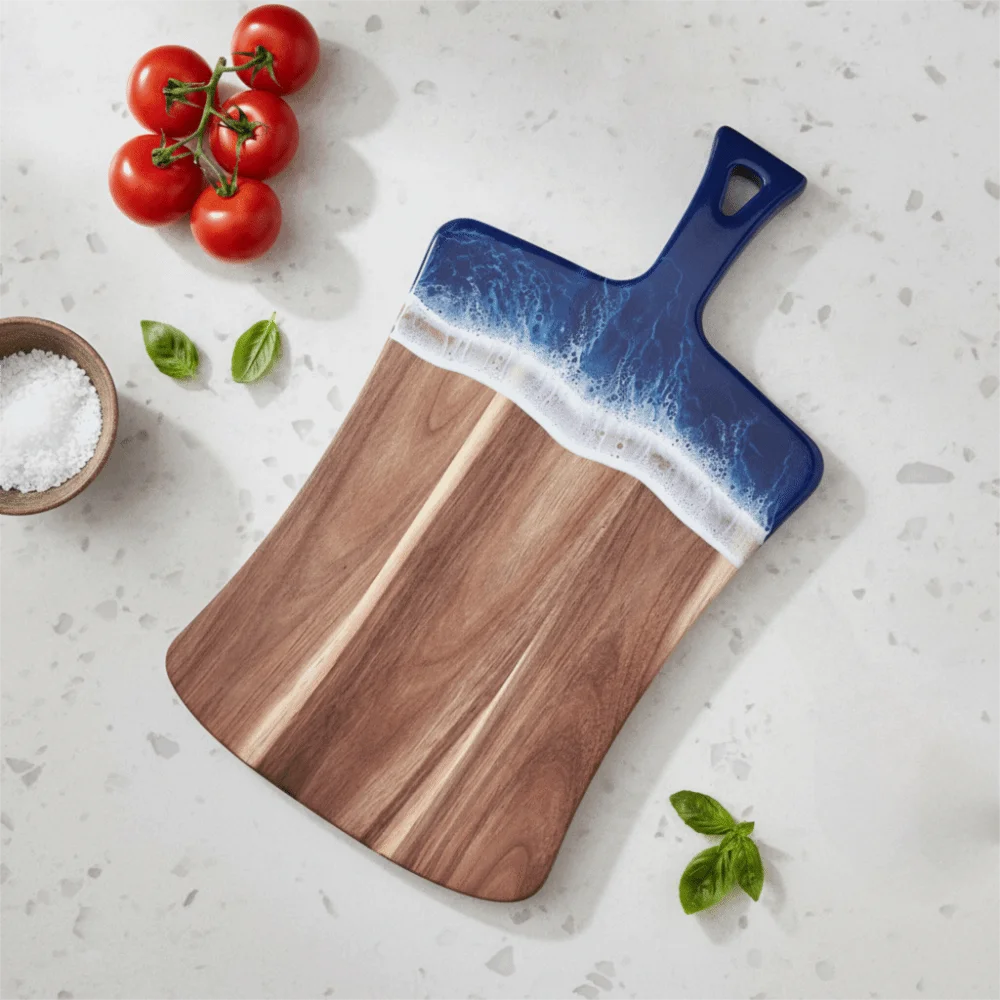 Sea Wave Pattern Resin-Wood Splicing Cutting Board Hanging Handle Rectangular Cheese Platter Thickened Bread Serving Board Gift