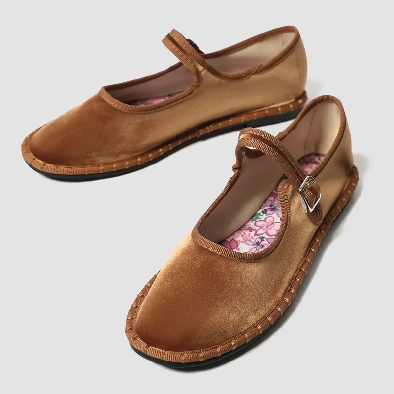 Sweet Floral Pattern Ballet Flats Novelty Stitching Buckle Design Velvet Mary Jane Shoes Light Soft Sole Comfortable Women Shoes