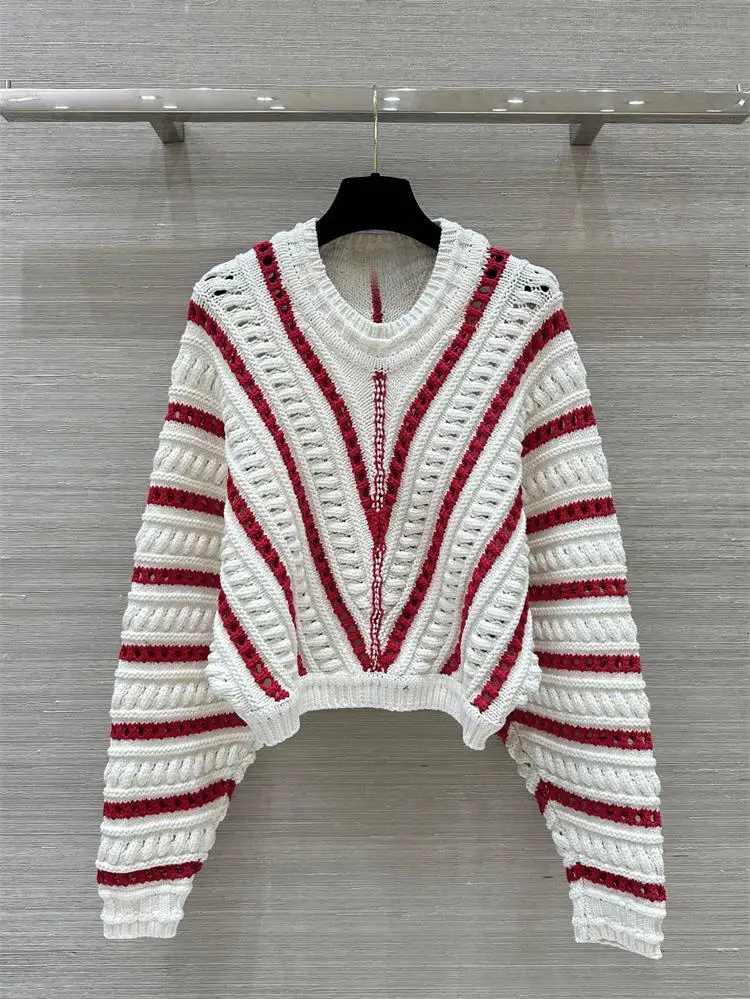 

Red and white striped bat sleeve hollowed-out crochet jumper sweater