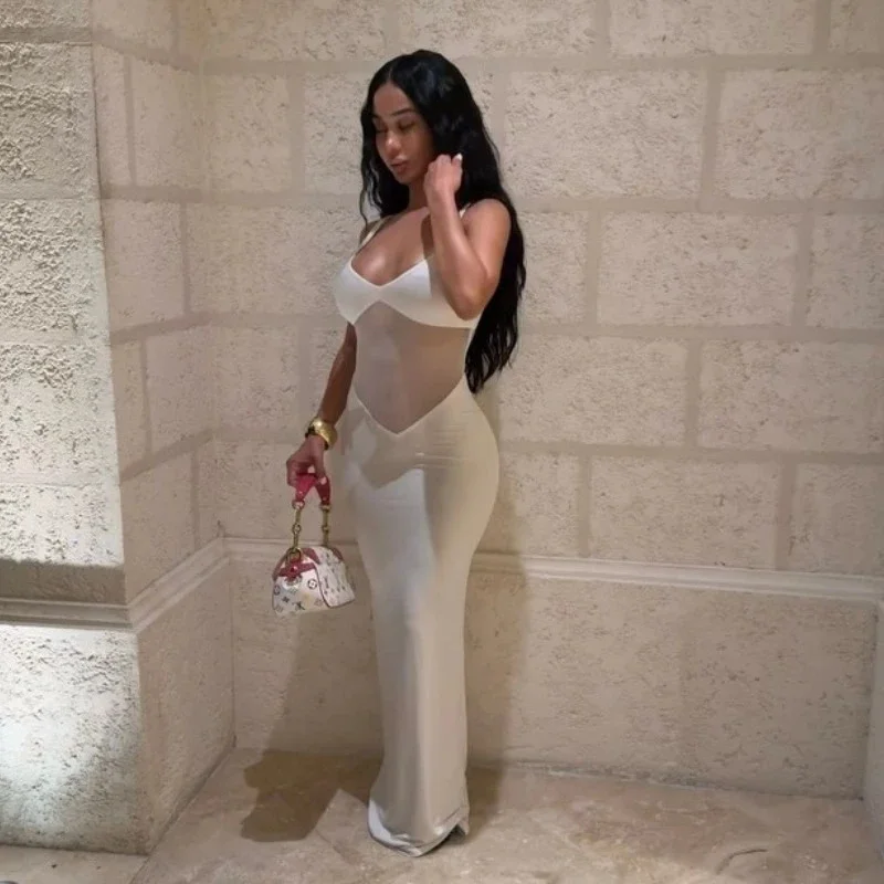 

Sexy Mesh V-neck Revealing Backpack Hip Dress Solid Color Slim Fit Mid Waist Long Dress Summer New Fashion Women's Strap Dress