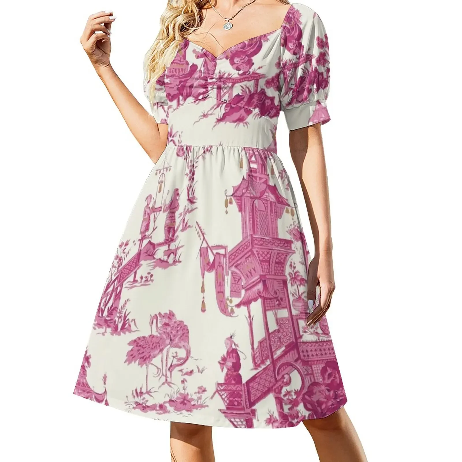 

Toile de Jouy Pink Chinoiserie Tea House Pagoda Short-Sleeved Dress Party dresses bandage dress evening dress woman