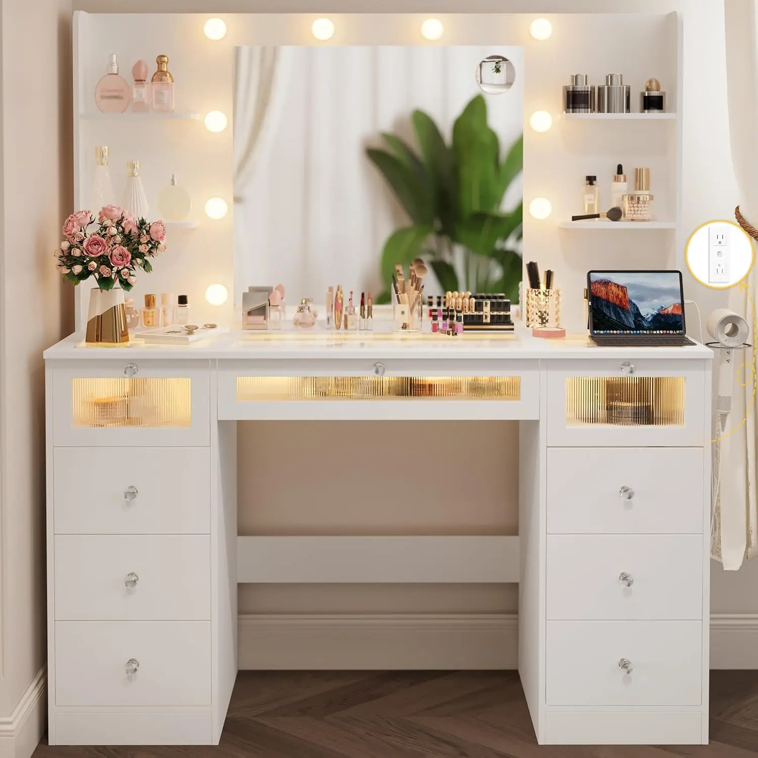 

White Vanity with Lighted 23.5” Mirror, Glass Top Vanity Desk with 9 Drawers & 3 Color Hollywood Bulbs & 4 Shelves & Acrylic & P