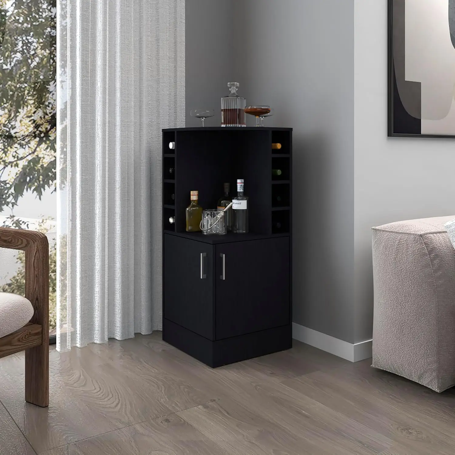 Corner Bar Cabinet with Bottle Rack & Open Shelves, Hidden Storage for Living Dining Kitchen Room, Black, Customized