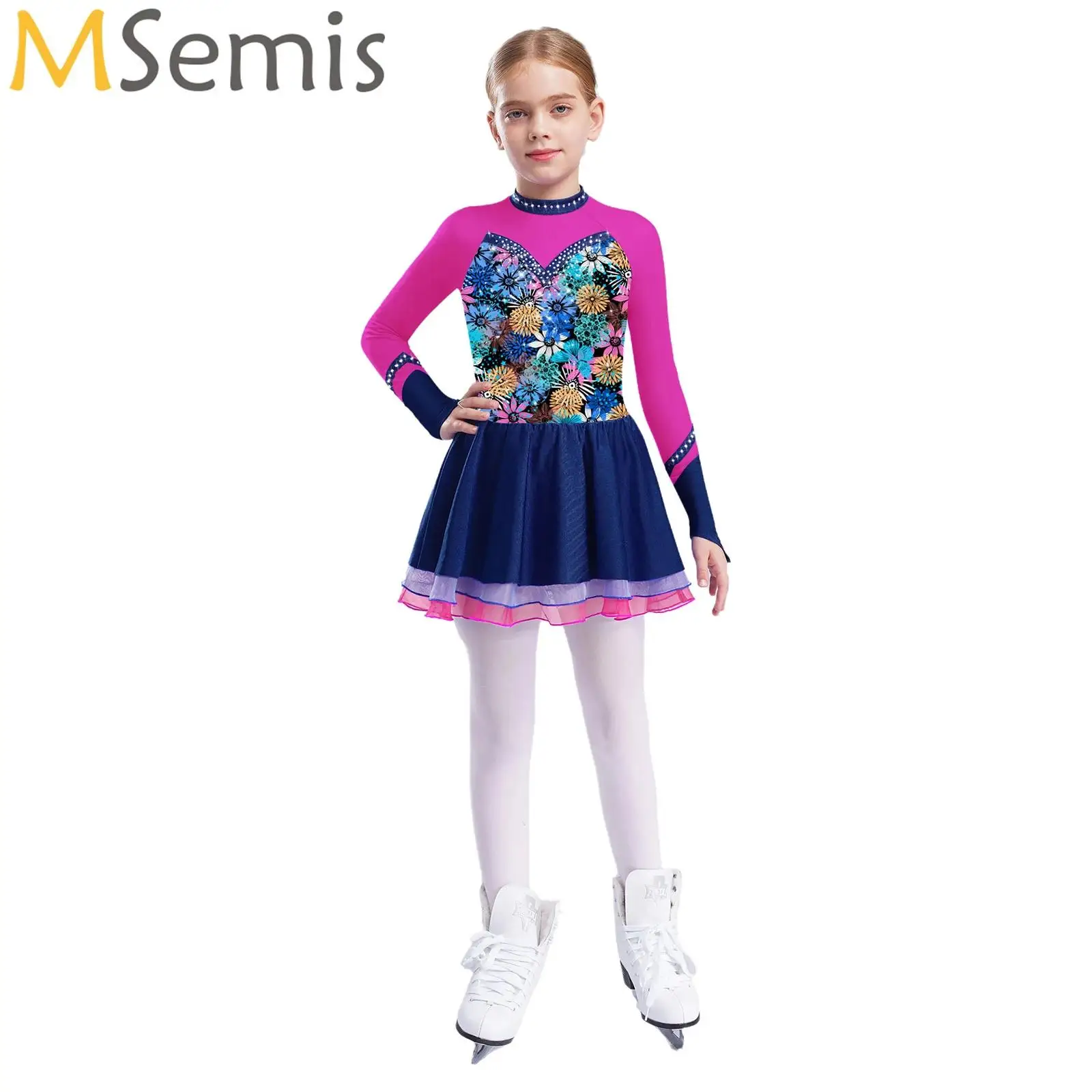 

Floral Printed Figure Ice Skating Dress Kids Girl Rhinestone Ballet Gymnastics Leotard Dancewear Competition Performance Clothes