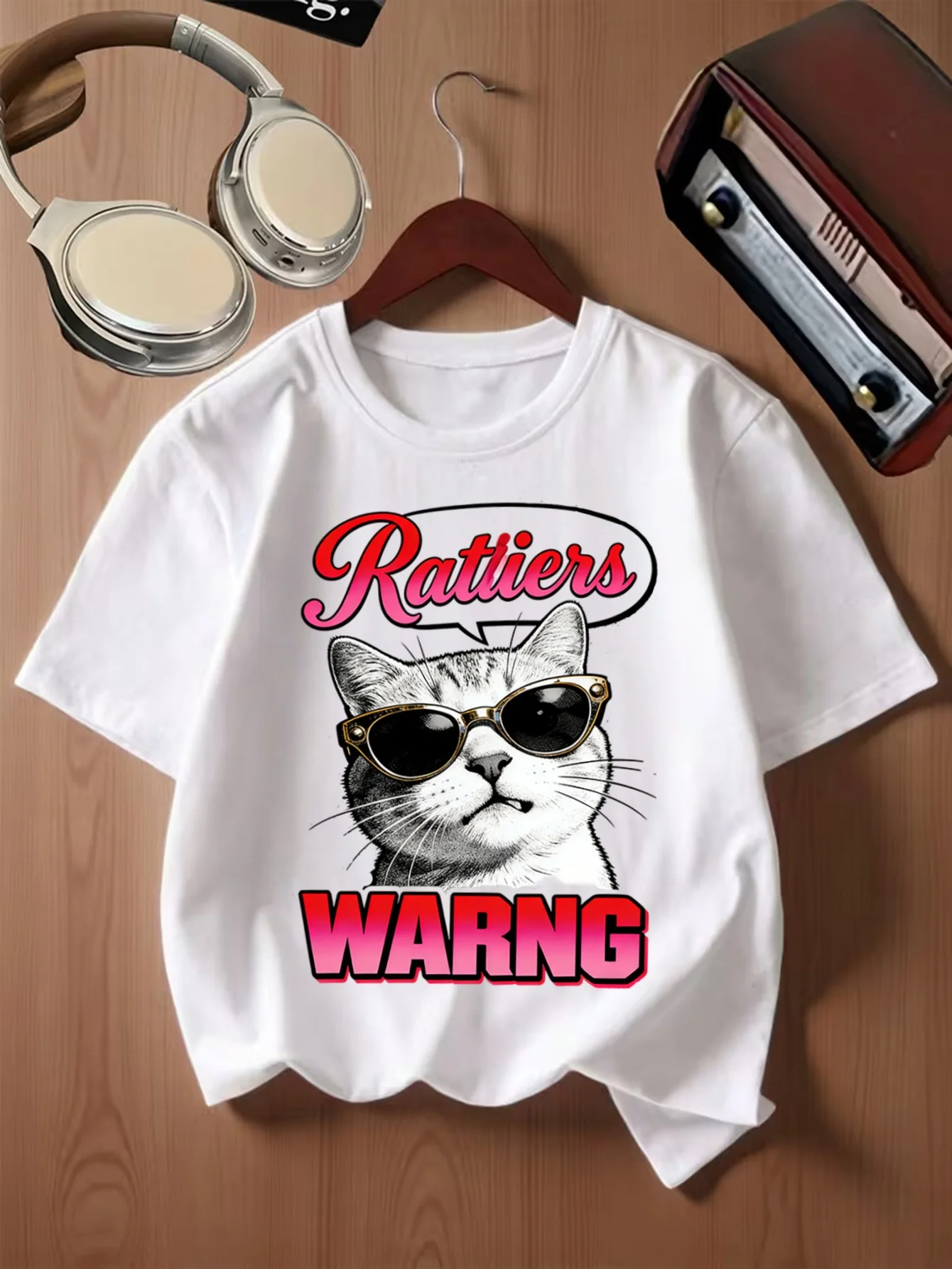 Cool Cat Wearing Sunglasses Rattiers Warning Cartoon Graphic Kids T Shirt Boys Girls Family Matching Summer Crew Neck Casual Tee