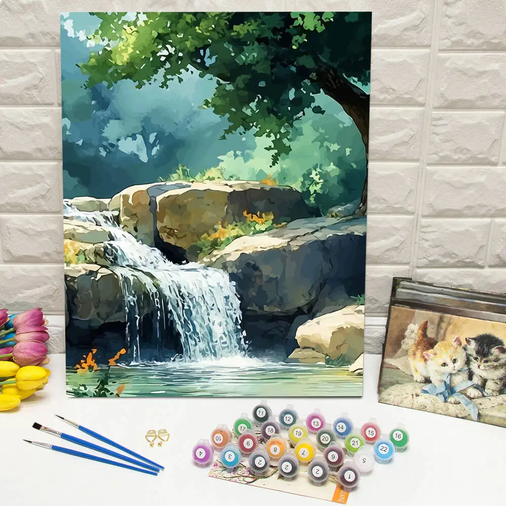 

Oil Painting By Numbers Waterfall Tree DIY Digital Oil Painting Landscape Acrylic Paint Scenery Living Room Modern Home Decor