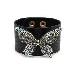 New fashion women PU leather bracelet High quality butterfly rhinestone wide version simple bracelet jewelry for sale