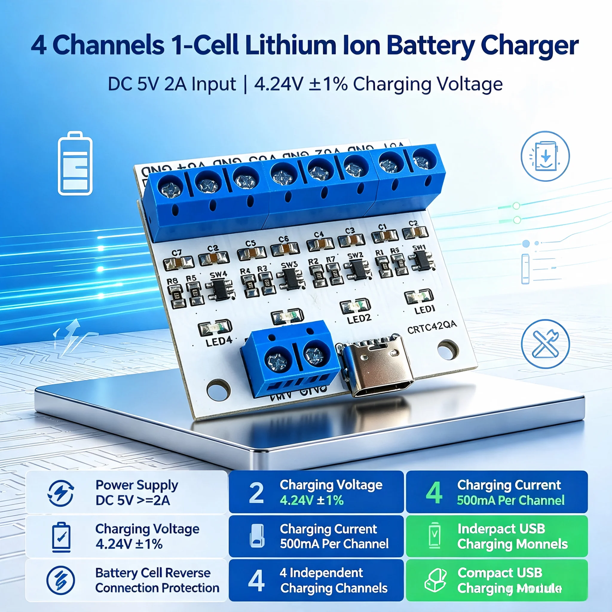 4-Channel Type C USB LiPo Battery Charger Module 37V 42V Compatible with Arduino ESP32 Raspberry Pi 4