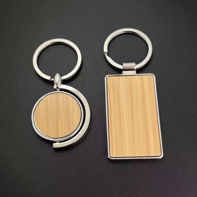 Custom LOGO Bamboo Wooden Keychain Blank Personalize Beech Wood Metal Rotatable Key Chain Laser Engrave House Keyring Opener