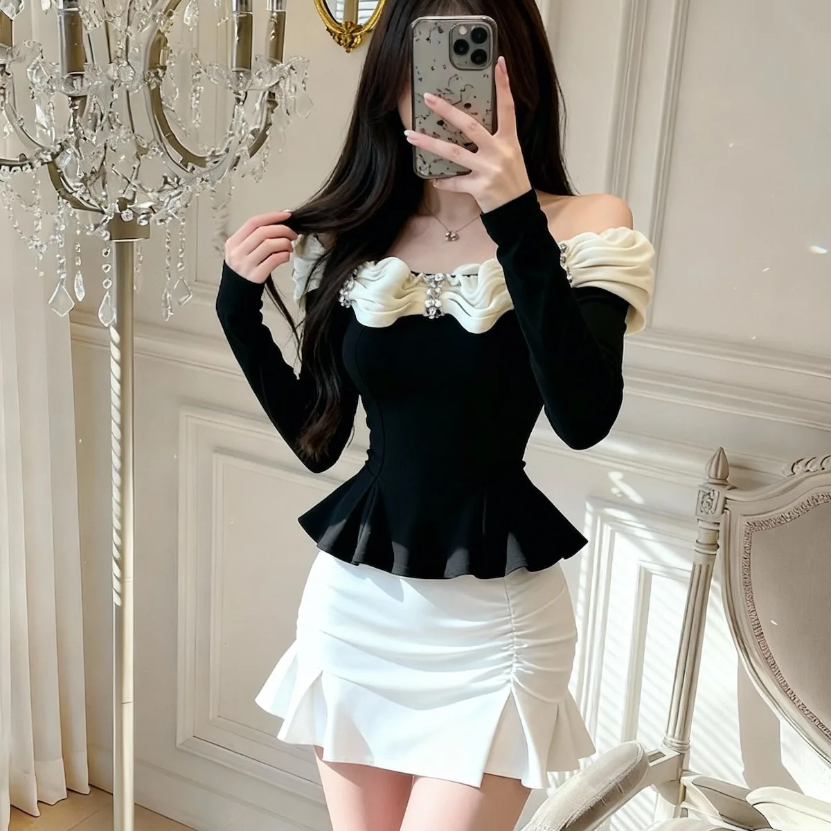 멋진 긴 소매 원숄더 베이스 셔츠 여성 패션 가을 겨울 단색 티셔츠 아름다운 이너웨어 베이스 셔츠