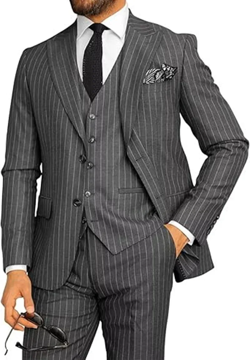 Men\'s Classic Formal Pinstripe Tuxedos Suits 3 Pieces Slim Fit Blazer Peak Lapel Two Button Groomsmen Wedding Dress Business
