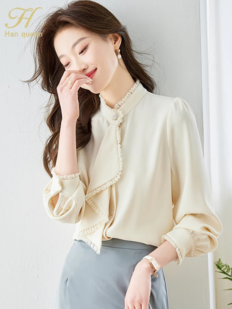 H Han Queen 2024 New Arrival Women\'s Clothing Sales Vintage Work Casual Tops Chiffon Blouses Elegant Ruffles Loose Women Blouse