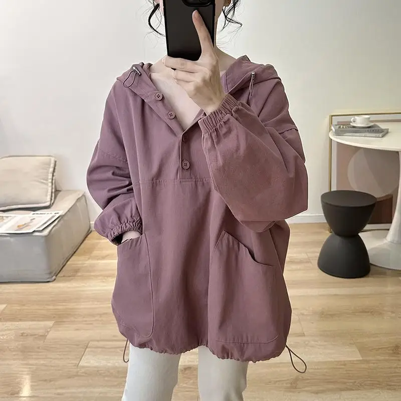 Fashion Hooded Spliced Button Shirring Pockets Blouse Female Clothing 2023 Autumn Winter New Oversized Casual Tops Korean Shirt