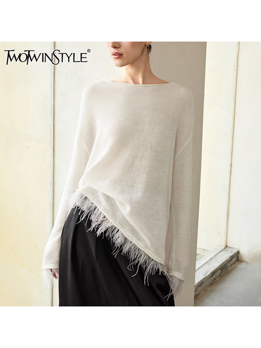 TWOTWINSTYLE Solid Spliced Feather Aweaters For Women O Neck Long Sleeve Chic Loose Pullover Sweater Female Fashion Style New