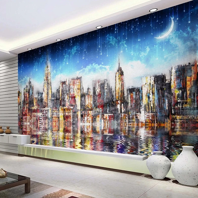 European Oil Painting Night View City Starry Sky Wallpaper Creative Murals Living Room Bedroom Study Background Decor 3D Fresco