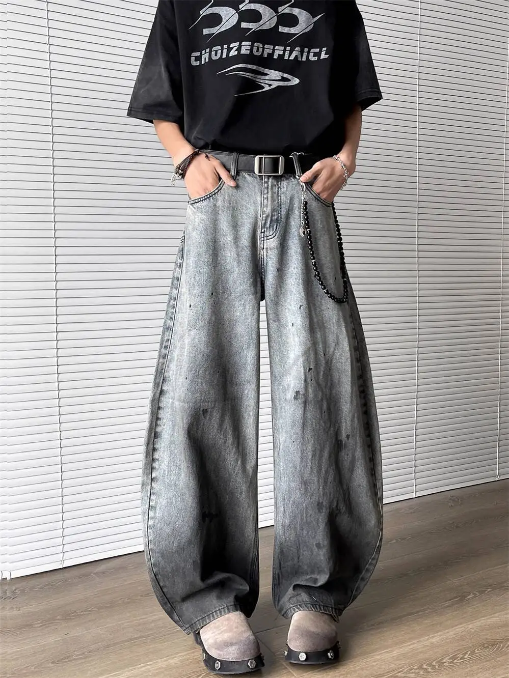 2025 الخريف الشتاء الجينز الرجال المتخصصة الرجعية التدرج سبلاش الجينز العصرية فضفاض بنطال ذو قصة أرجل واسعة فضفاضة تناسب سراويل جينز #4