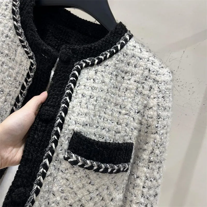 2024 New Spring Autumn Winter Coarse Tweed Jacket Casaco Feminino Women Fashion Coat:Top Round Neck Casual Suit Jacket Female