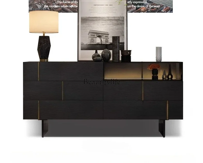 

LJY*Italian light luxury chest modern simple villa living room black multi-functional storage glass cabinet