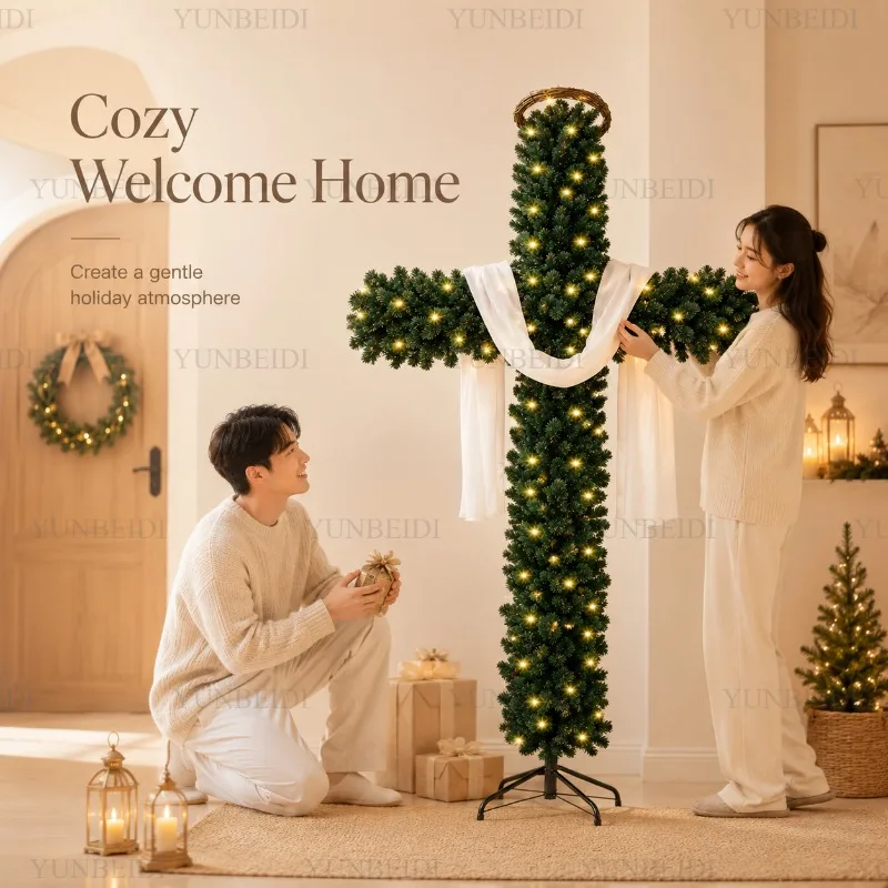 150/180cm Cross Shaped Christmas Tree Pre Lit Warm LED Lights Artificial PVC Xmas Tree Religious Holiday Home Outdoor Decoration