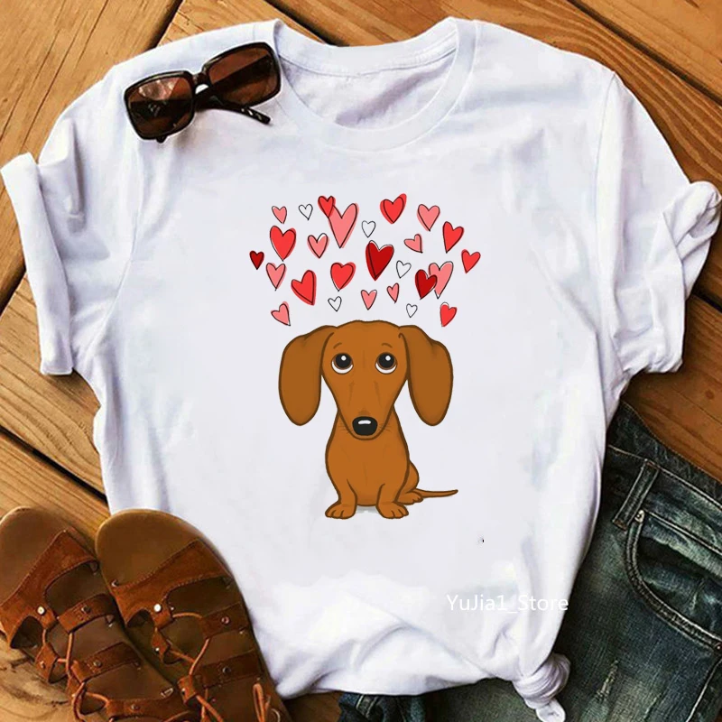 

Kawaii Dachshund With Love Print Tshirts Women Cute Wiener Dog Animal T Shirt Femme Summer Tops Harajuku Female T-Shirt