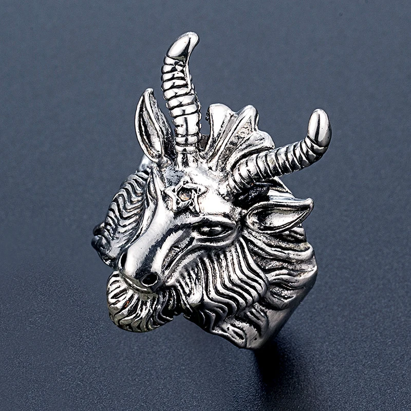خاتم رجالي من خليط معدني برأس الماعز Baphomet ، مجوهرات بانك قوطي خماسي شيطاني ، خاتم هيب هوب للدراجات النارية بلون فولاذي لهدايا ماني