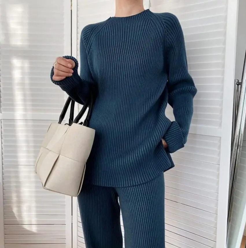 New Autumn/Winter Fashion Long Sleeved Round Neck Knitted Solid Color Slim Fit Shirt + Wide Leg Pants Set For Women,6 Colors