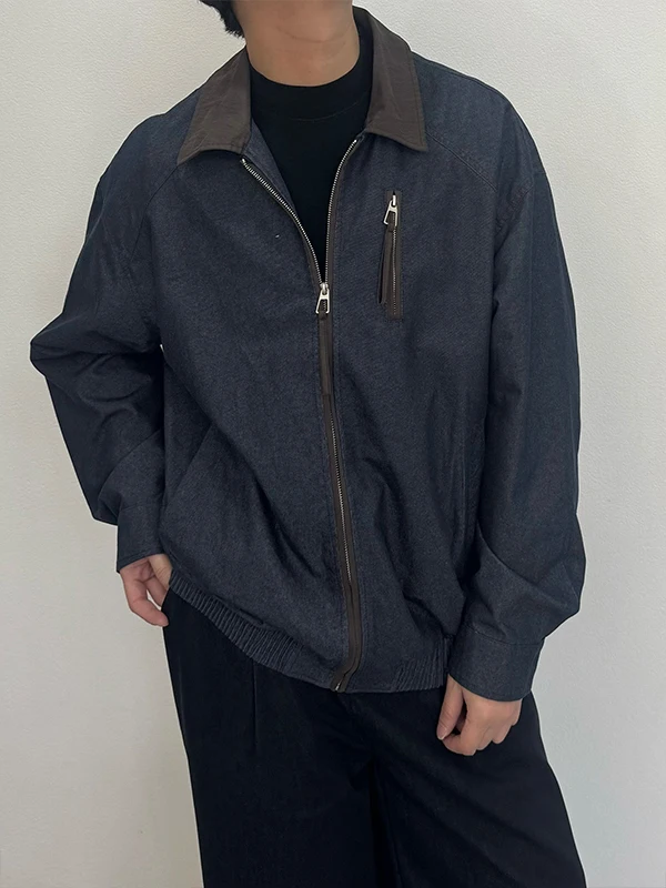 

TANGZ STUDIO Vintage Patchwork Leather Collar ort Denim Jaet Men Loose Outerwear Spring Barn Sle Zipper Closure