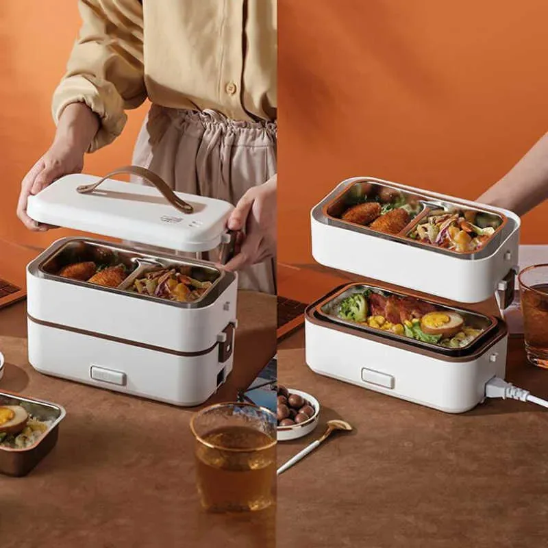 Electric Lunch Box, Portable Food Warmer for Home Office, 2 Layers Steamer Lunch Box, Removable Stainless Steel Container