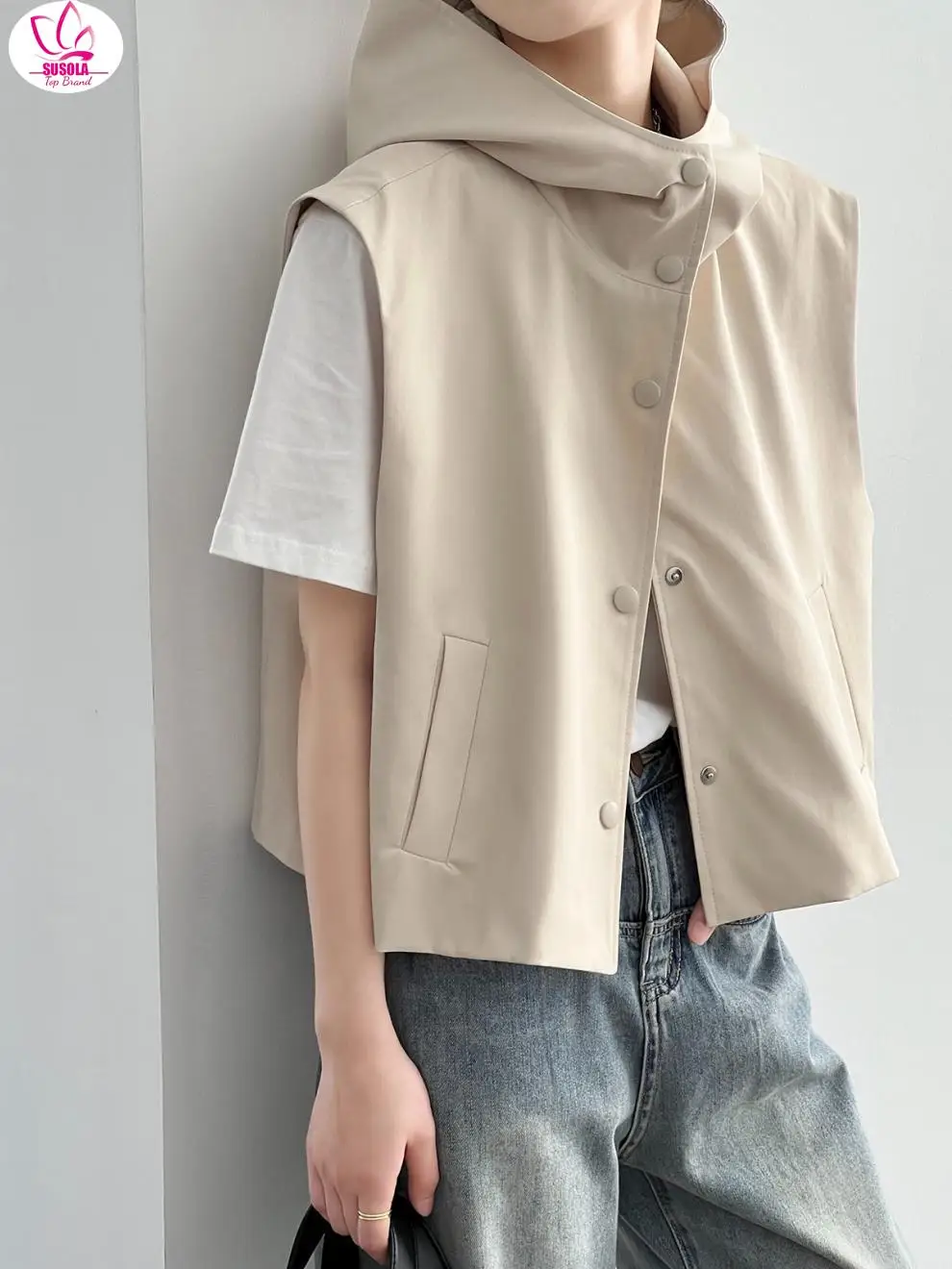 SUSOLA Sleeveless Vests for Women Casual Hooded Top 2024 Cardigan Korean Version of The Shoulders Section Sleeveless Jacket