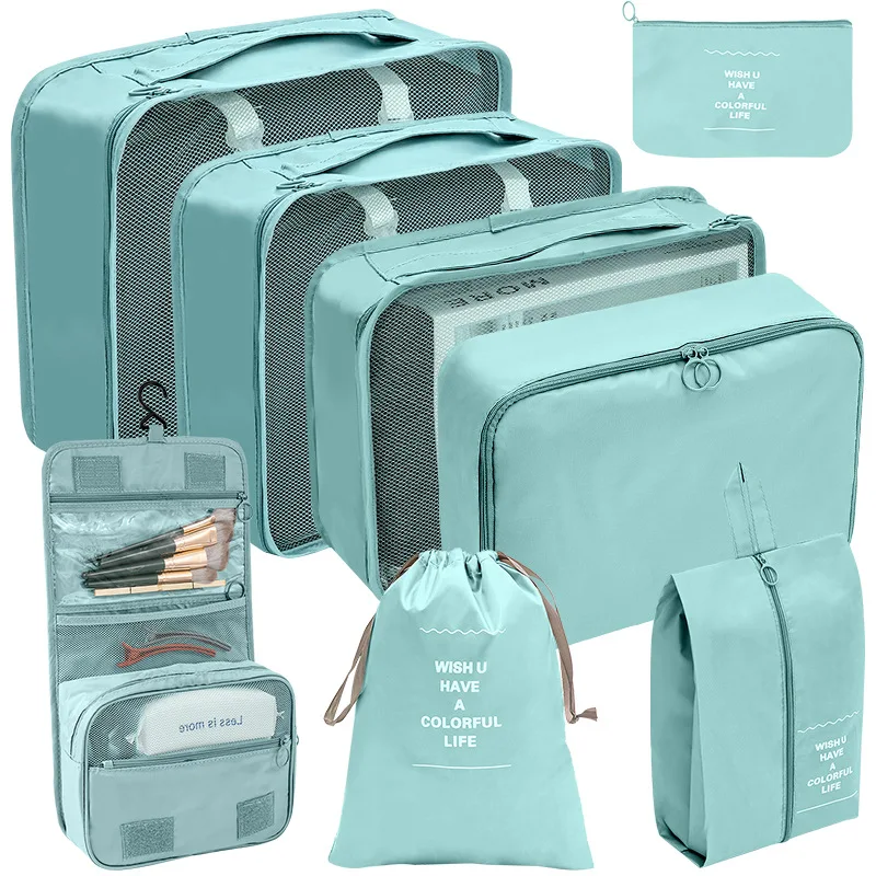 New 8Pcs Travel Packing Cubes Set Mint Green Luggage Organizer with Hanging Toiletry Bag, Shoe Bag & Drawstring Pouches